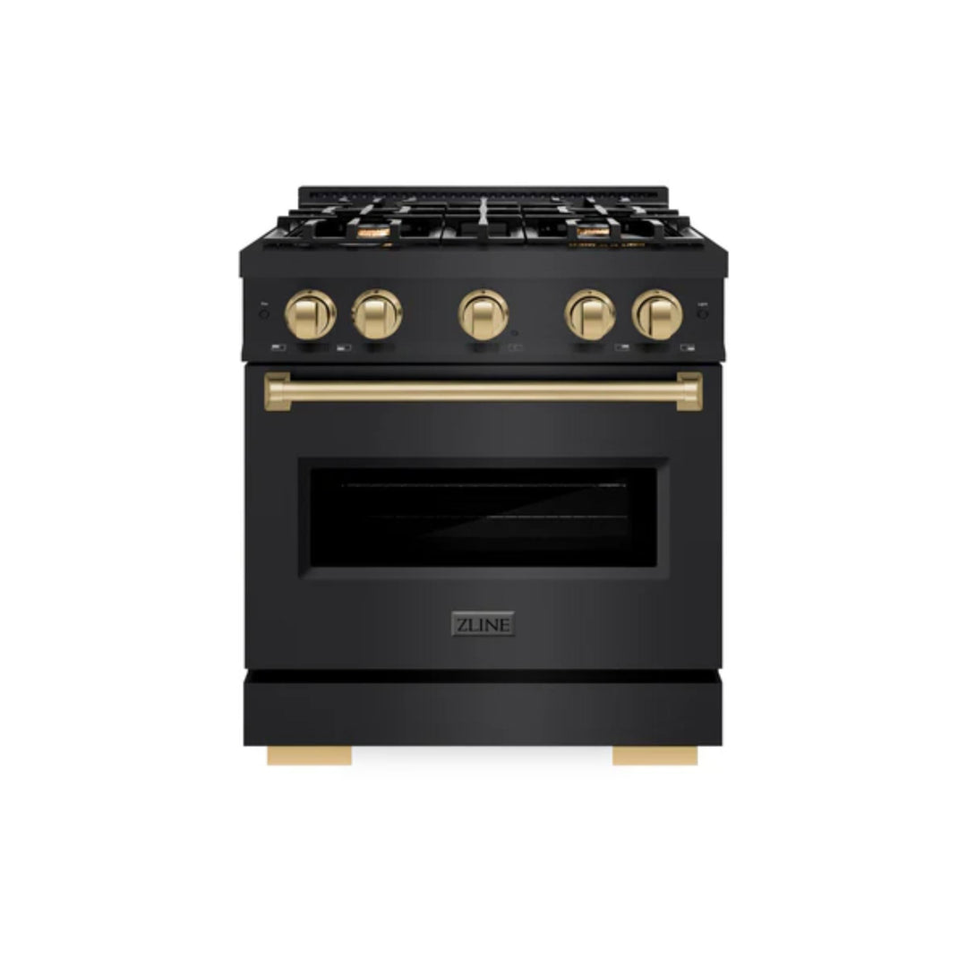 ZLINE Autograph Edition Classic Gas Range with Convection Gas Oven in Black Stainless Steel in Champagne Bronze Accents