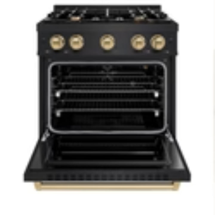 ZLINE Autograph Edition Classic Gas Range with Convection Gas Oven in Black Stainless Steel in Champagne Bronze Accents