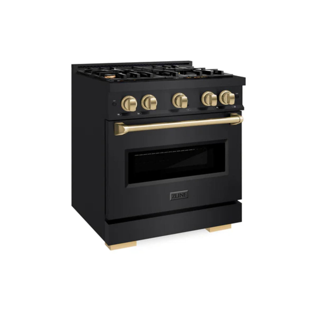 ZLINE Autograph Edition Classic Gas Range with Convection Gas Oven in Black Stainless Steel in Champagne Bronze Accents