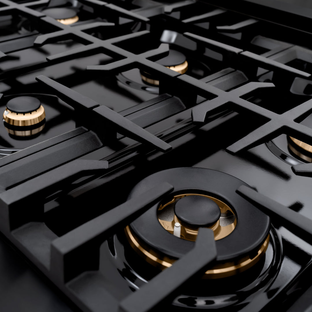 ZLINE 36 in. 5.2 cu. ft. Select Dual Fuel Range with Gas Cooktop and Electric Convection Oven in Black Stainless Steel with 6 Brass Burners, Open Box-Excellent Condition