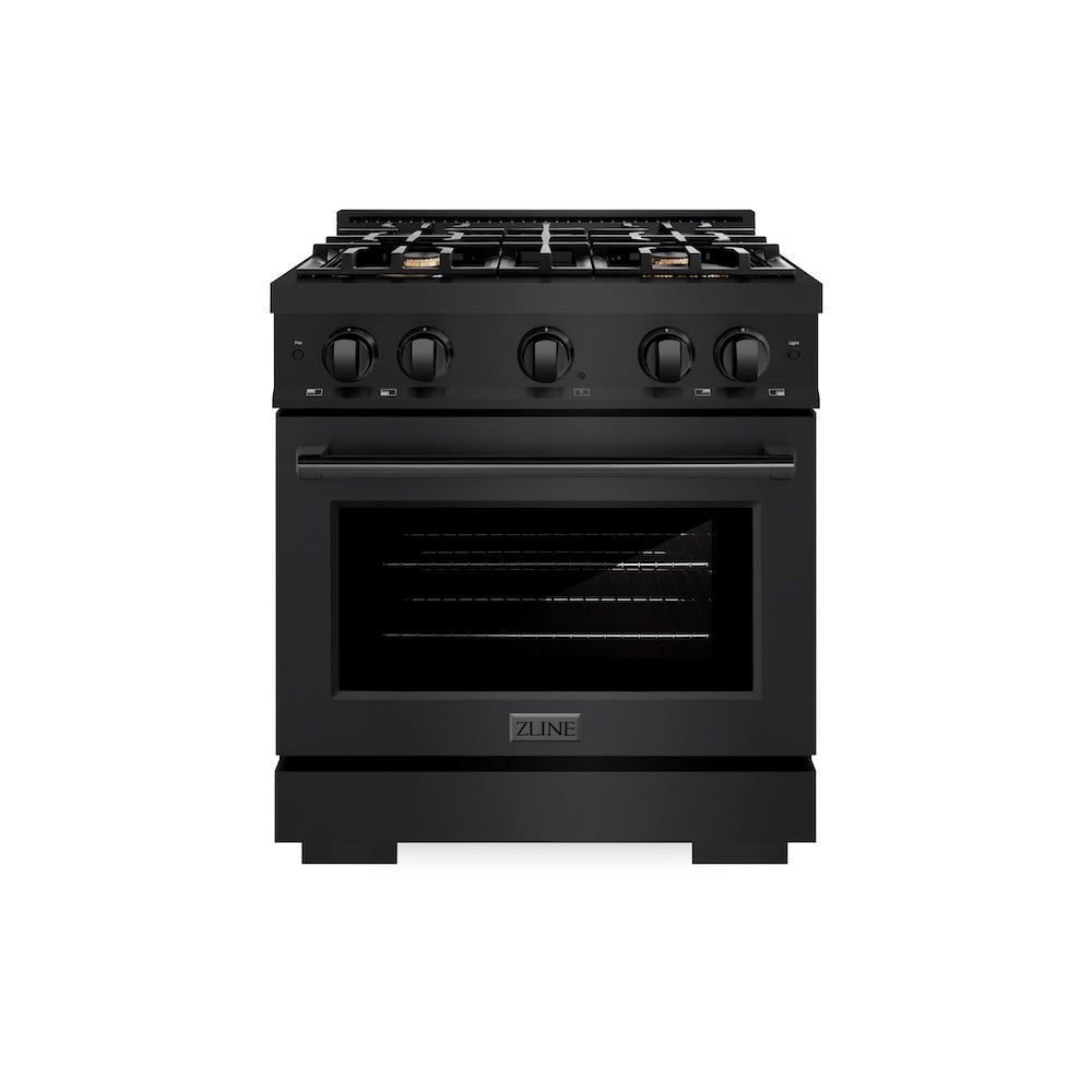 ZLINE 30 in. 4.2 cu. ft. Select Dual Fuel Range with Gas Cooktop and Electric Convection Oven in Black Stainless Steel with 4 Brass Burners, Open Box-Excellent Condition
