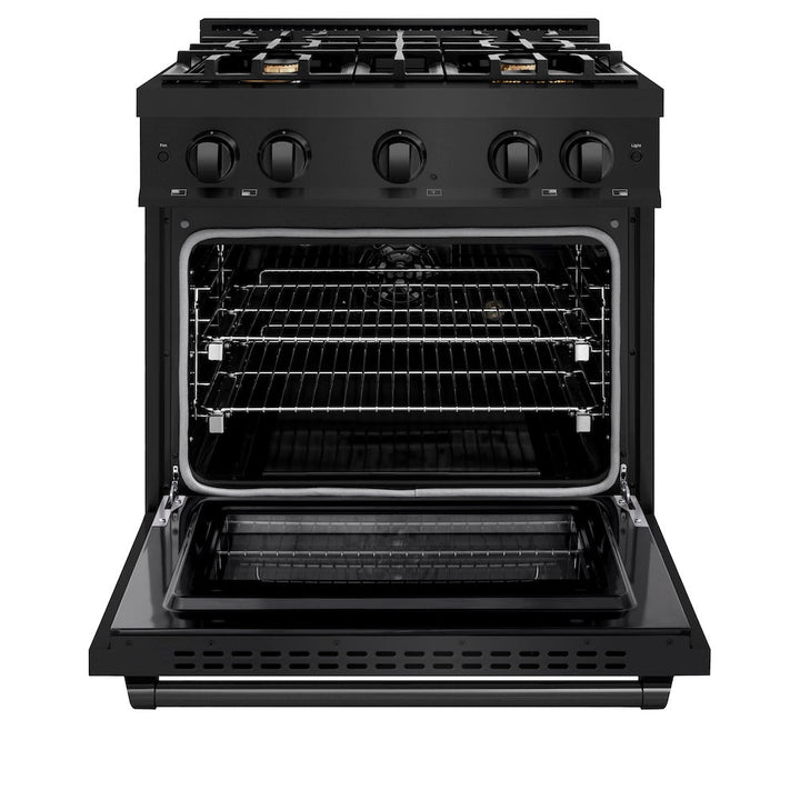 ZLINE 30 in. 4.2 cu. ft. Select Dual Fuel Range with Gas Cooktop and Electric Convection Oven in Black Stainless Steel with 4 Brass Burners, Open Box-Excellent Condition