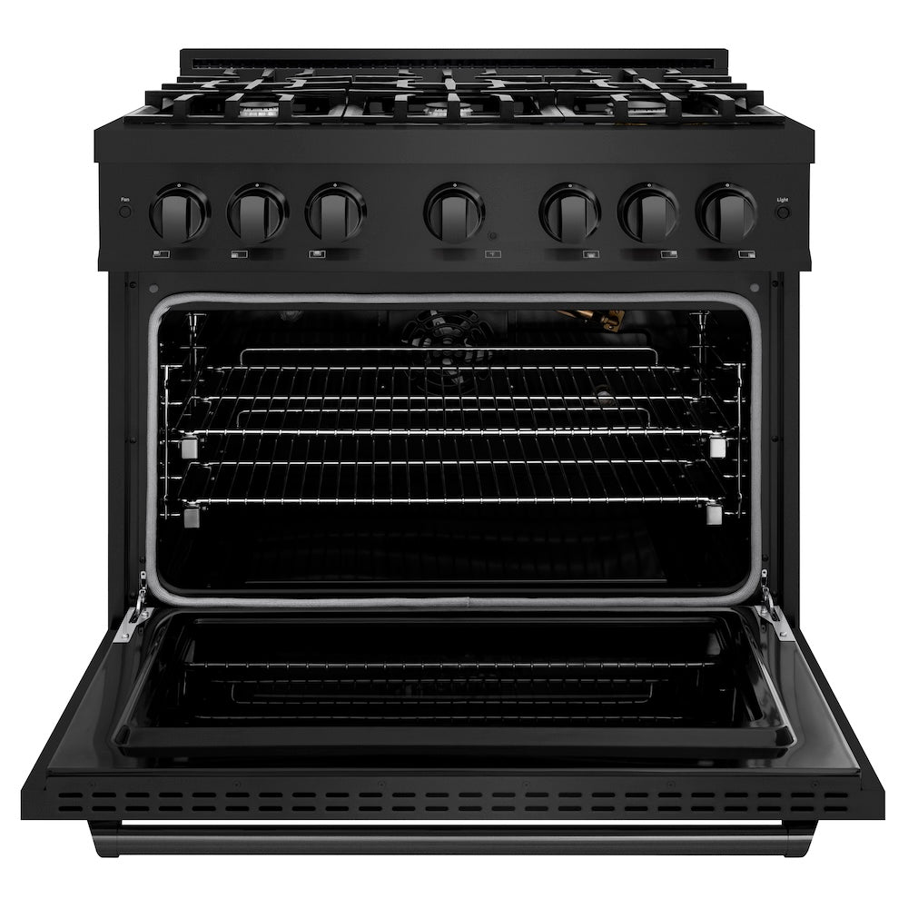 ZLINE 36 in. 5.2 cu. ft. Classic Gas Range with 6 Burner Cooktop and Convection Gas Oven in Black Stainless Steel, Open Box-Excellent Condition