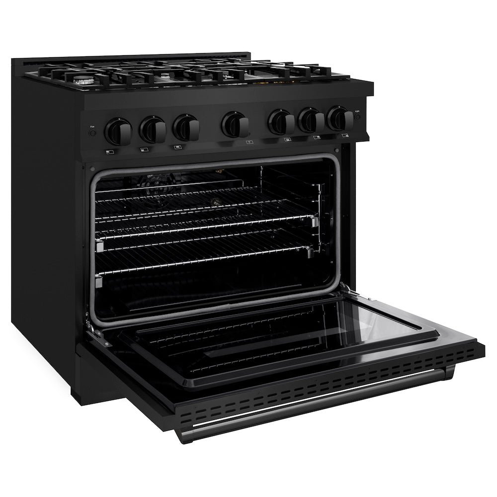 ZLINE 36 in. 5.2 cu. ft. Classic Gas Range with 6 Burner Cooktop and Convection Gas Oven in Black Stainless Steel, Open Box-Excellent Condition