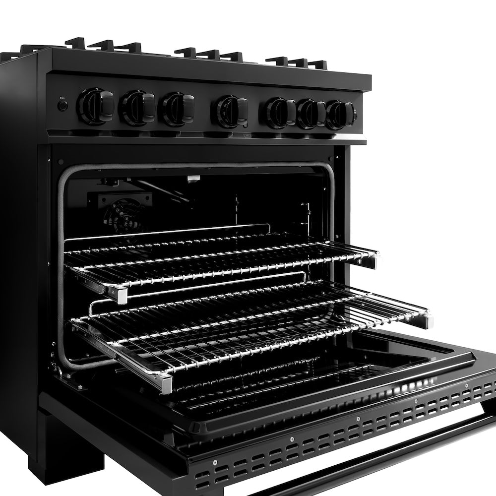 ZLINE 36 in. 5.2 cu. ft. Classic Gas Range with 6 Burner Cooktop and Convection Gas Oven in Black Stainless Steel, Open Box-Excellent Condition