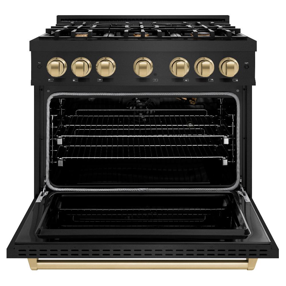 ZLINE Autograph 36" 5.2 cu. ft. Classic Gas Range with 6 Burners in Black Stainless Steel and Champagne Bronze Accents, CGRBZ-36-CB