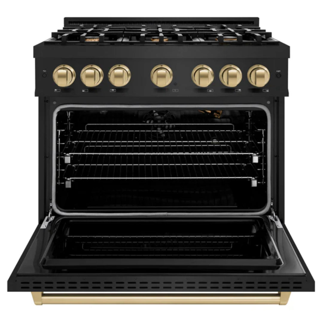 ZLINE Autograph Edition Classic Gas Range with Convection Gas Oven in Black Stainless Steel in Champagne Bronze Accents