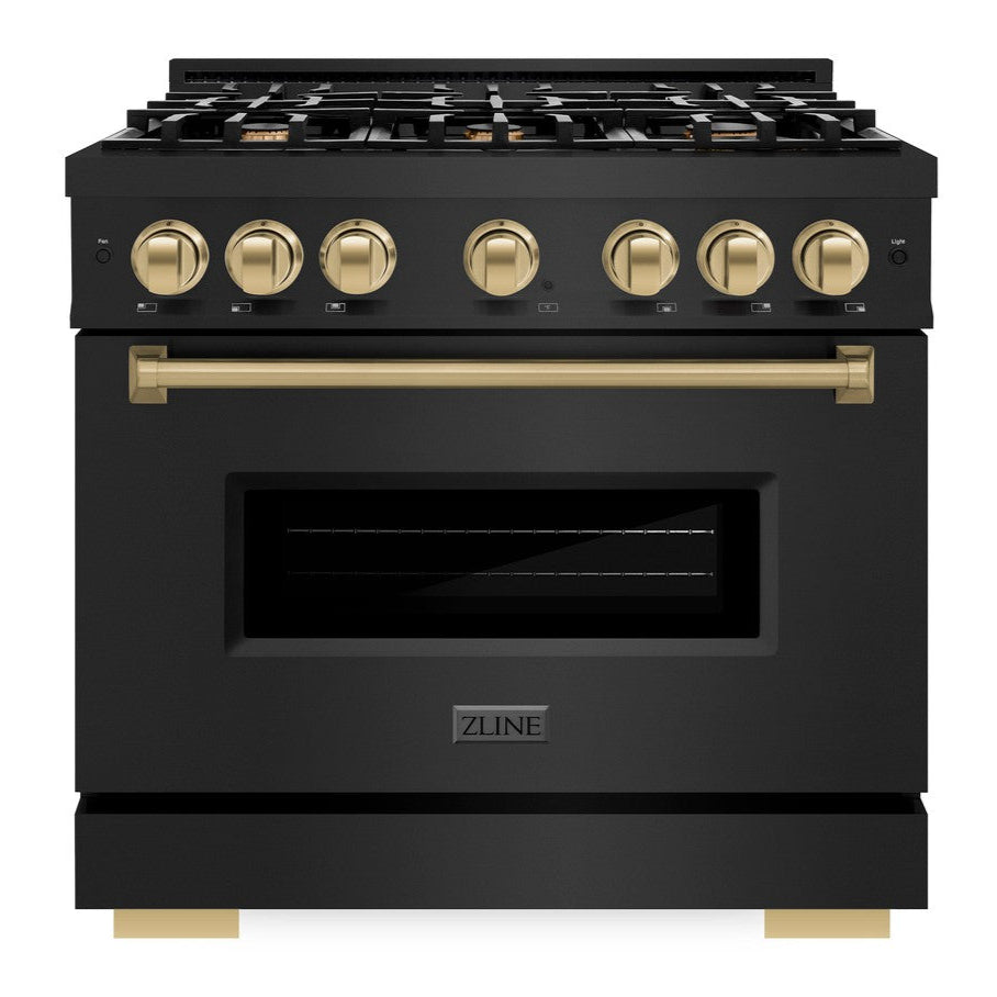 ZLINE Autograph 36" 5.2 cu. ft. Classic Gas Range with 6 Burners in Black Stainless Steel and Champagne Bronze Accents, CGRBZ-36-CB