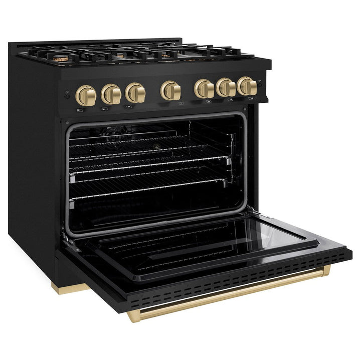 ZLINE Autograph 36" 5.2 cu. ft. Classic Gas Range with 6 Burners in Black Stainless Steel and Champagne Bronze Accents, CGRBZ-36-CB