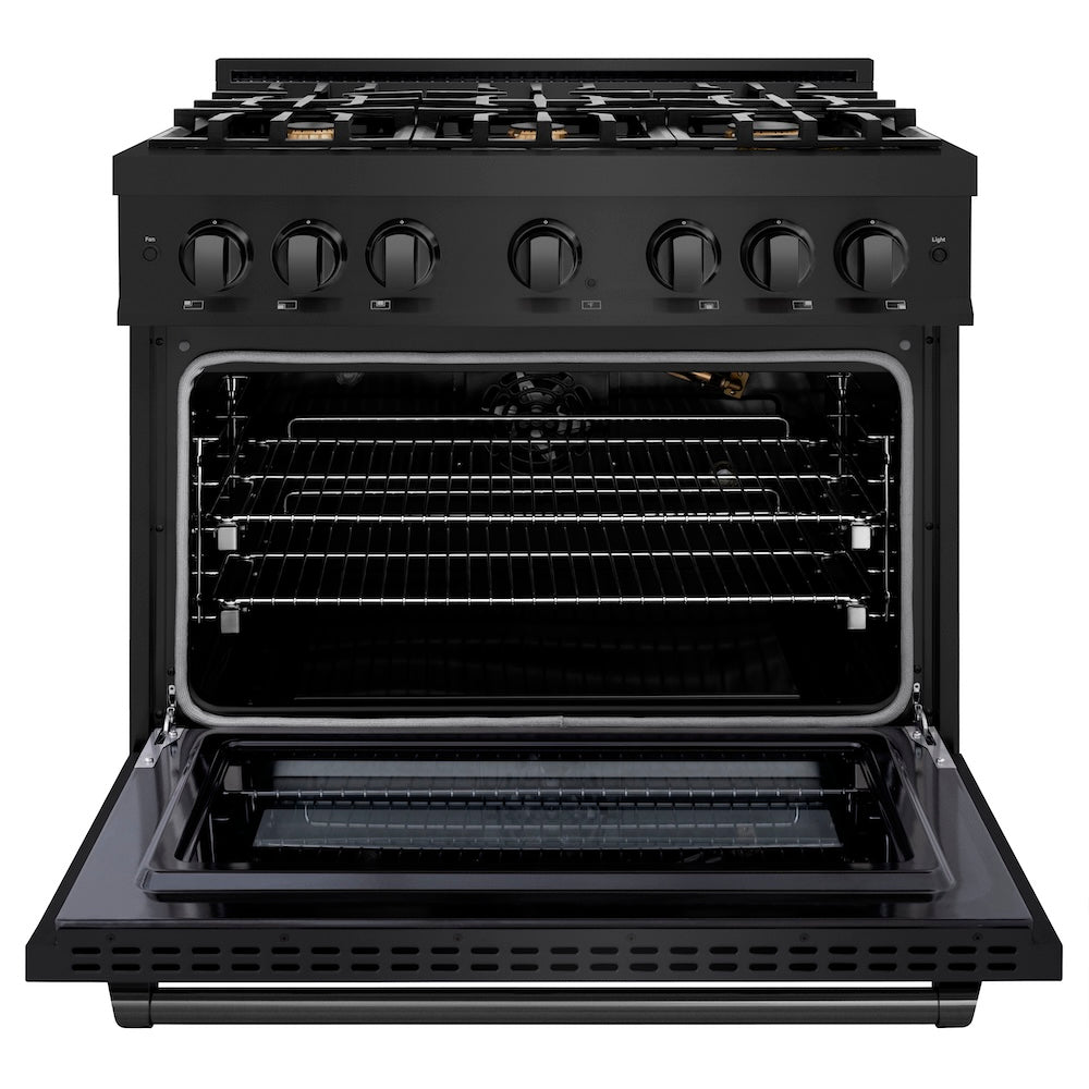 ZLINE 36 in. 5.2 cu. ft. Select Gas Range with Convection Gas Oven in Black Stainless Steel with 6 Brass Burners, Open Box-Excellent Condition