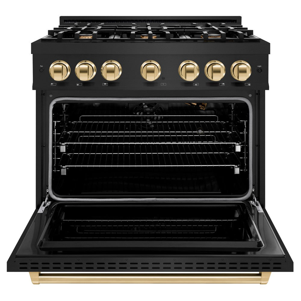 ZLINE Autograph 36" 5.2 cu. ft. Classic Gas Range with 6 Burners in Black Stainless Steel and Polished Gold Accents, CGRBZ-36-G