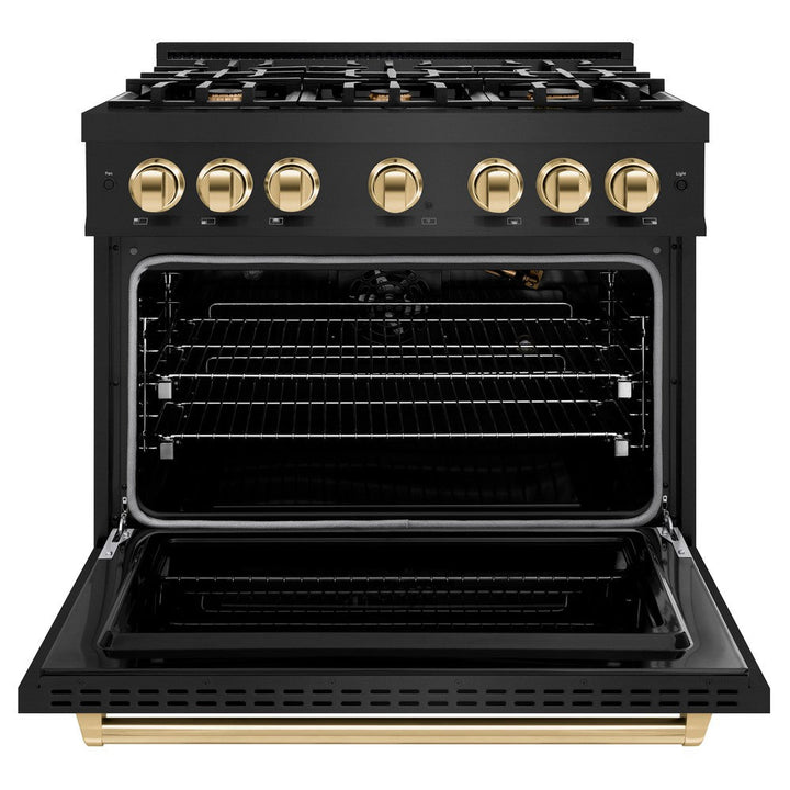 ZLINE Autograph 36" 5.2 cu. ft. Classic Gas Range with 6 Burners in Black Stainless Steel and Polished Gold Accents, CGRBZ-36-G