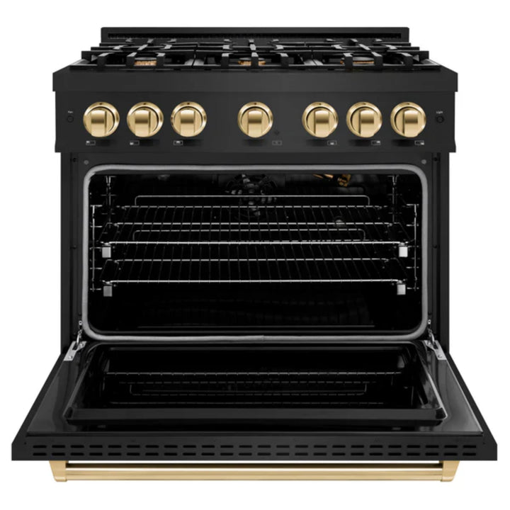 ZLINE Autograph Edition Classic Gas Range with Convection Gas Oven in Black Stainless Steel Polished Gold Accents