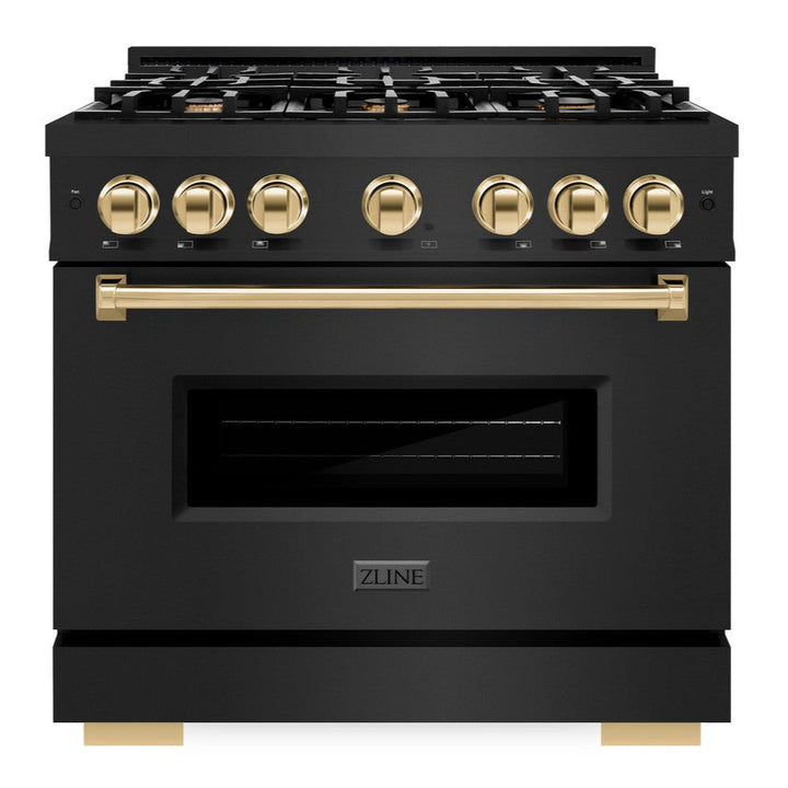 ZLINE Autograph 36" 5.2 cu. ft. Classic Gas Range with 6 Burners in Black Stainless Steel and Polished Gold Accents, CGRBZ-36-G