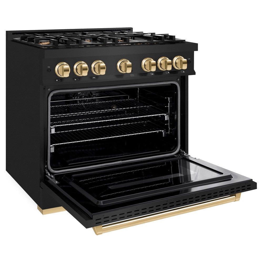 ZLINE Autograph 36" 5.2 cu. ft. Classic Gas Range with 6 Burners in Black Stainless Steel and Polished Gold Accents, CGRBZ-36-G