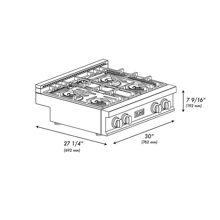ZLINE 30 in. Classic Gas Rangetop with 4 Burner DuoPro™ Cooktop in Black Stainless Steel (PCRTB-30)