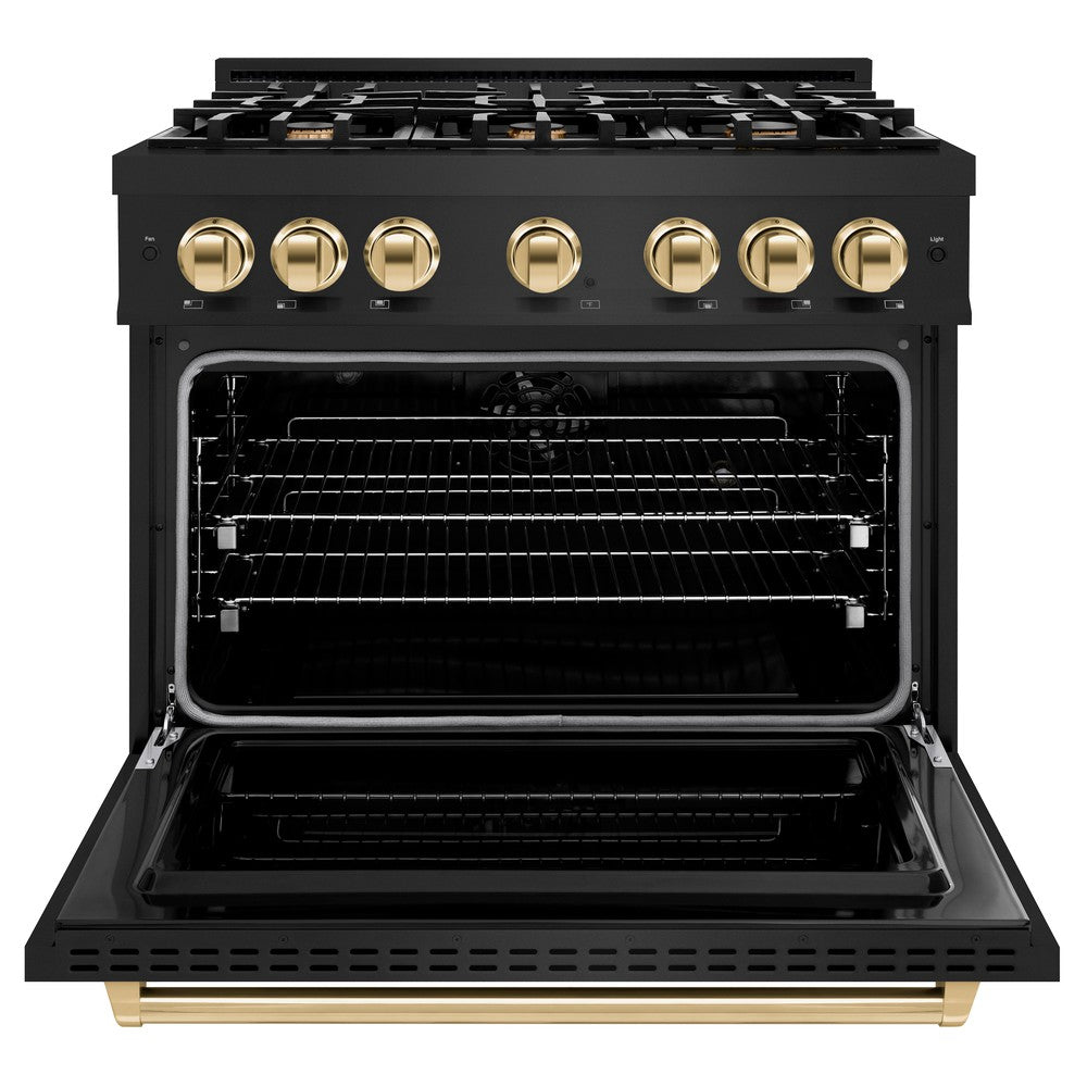 ZLINE Autograph 36" 5.2 cu. ft. Classic Dual Fuel Range with 6 Burners in Black Stainless Steel with Polished Gold Accents, CDRBZ-36-G