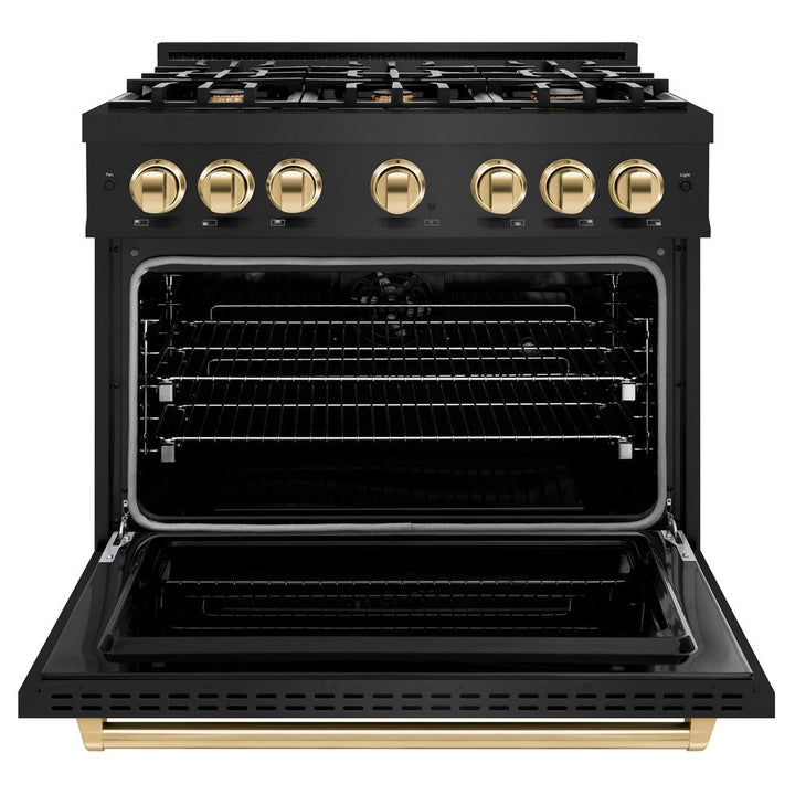 ZLINE Autograph 36" 5.2 cu. ft. Classic Dual Fuel Range with 6 Burners in Black Stainless Steel with Polished Gold Accents, CDRBZ-36-G