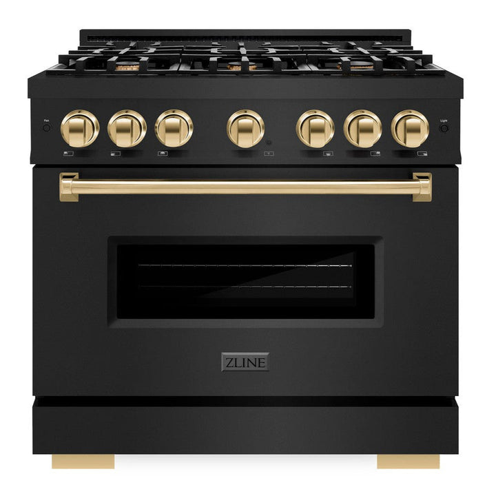 ZLINE Autograph 36" 5.2 cu. ft. Classic Dual Fuel Range with 6 Burners in Black Stainless Steel with Polished Gold Accents, CDRBZ-36-G