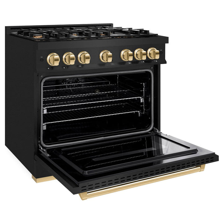 ZLINE Autograph 36" 5.2 cu. ft. Classic Dual Fuel Range with 6 Burners in Black Stainless Steel with Polished Gold Accents, CDRBZ-36-G