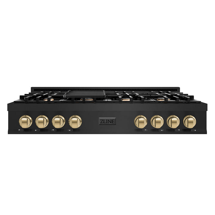 ZLINE Autograph Edition 48 in. Classic Gas Rangetop with 8 Burners and Porcelain Cooktop in Black Stainless Steel with Champagne Bronze Accents (RTBZ-48-CB)