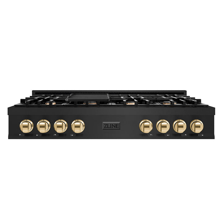 ZLINE Autograph Edition 48 in. Classic Gas Rangetop with 8 Burners and Porcelain Cooktop in Black Stainless Steel with Polished Gold Accents (RTBZ-48-G)