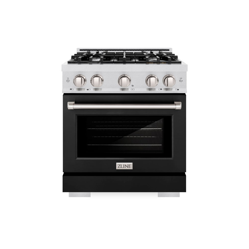 ZLINE 30" 4.2 cu. ft. Select Dual Fuel Range with 4 Burners in DuraSnow® Stainless Steel with Black Matte Door, HDRS-BLM-30