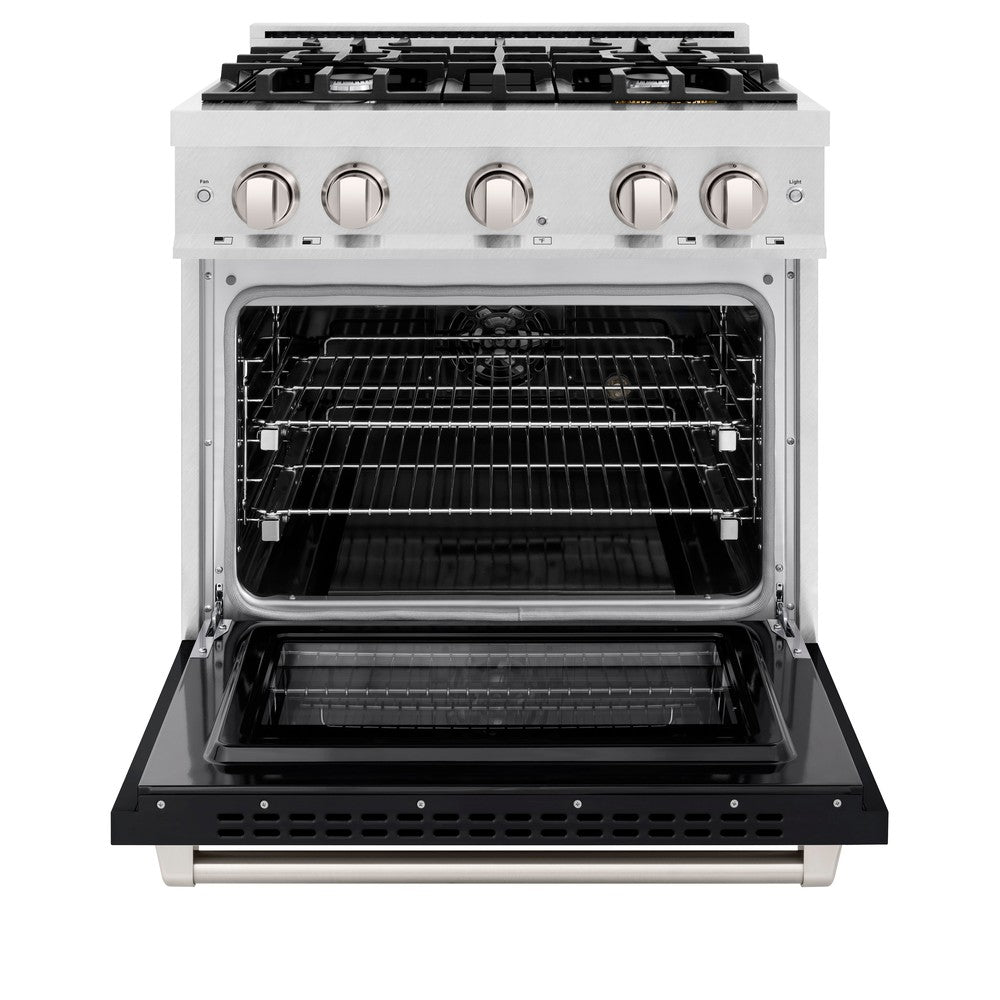 ZLINE 30" 4.2 cu. ft. Select Dual Fuel Range with 4 Burners in DuraSnow® Stainless Steel with Black Matte Door, HDRS-BLM-30