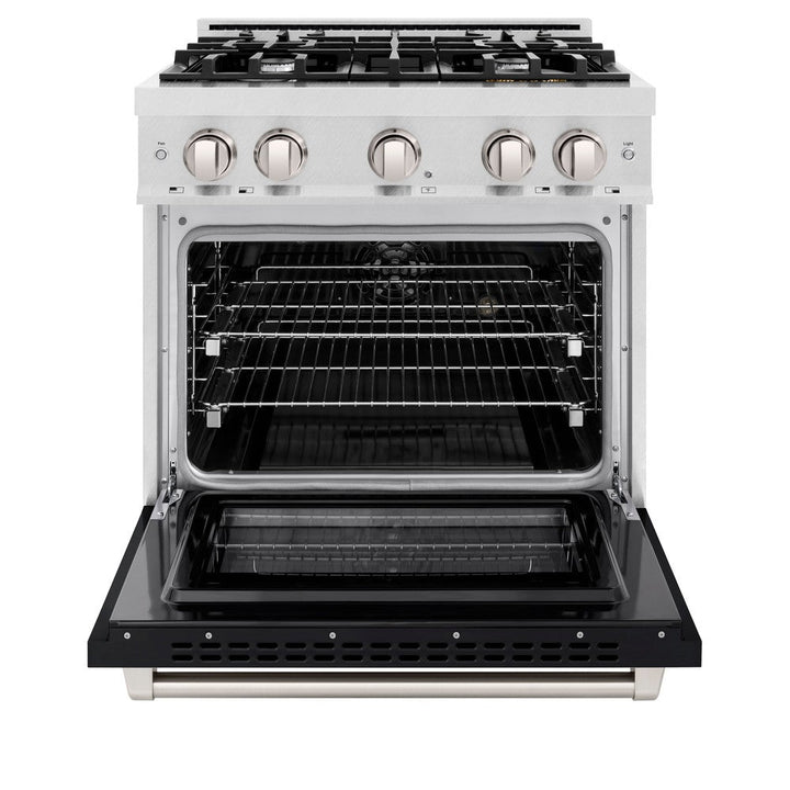 ZLINE 30" 4.2 cu. ft. Select Dual Fuel Range with 4 Burners in DuraSnow® Stainless Steel with Black Matte Door, HDRS-BLM-30