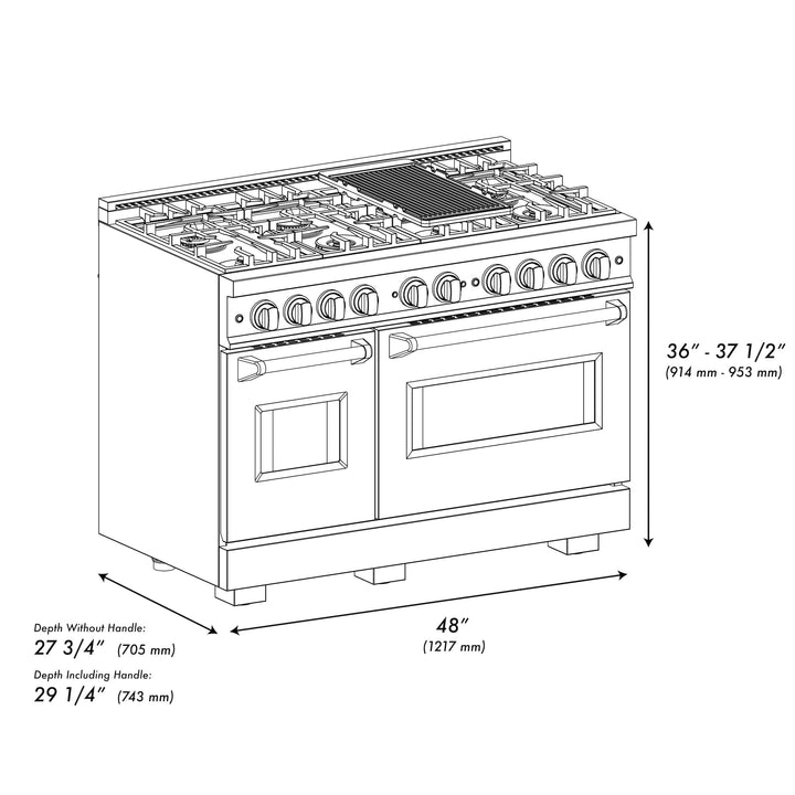 ZLINE 48 in. 6.7 cu. ft. Classic Double Oven Dual Fuel Range with 8 Burner Gas Cooktop in Satin Stainless Steel with Black Matte Doors (CDRS-BLM-48)