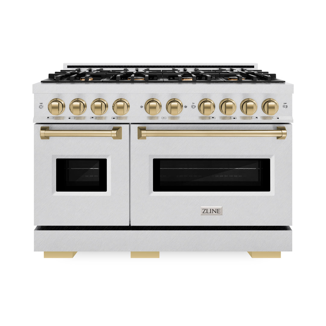 ZLINE Autograph 48" 6.7 cu. ft. Classic Double Oven Dual Fuel Range with 8 Burners in DuraSnow® Stainless Steel and Champagne Bronze Accents, CDRSZ-48-CB