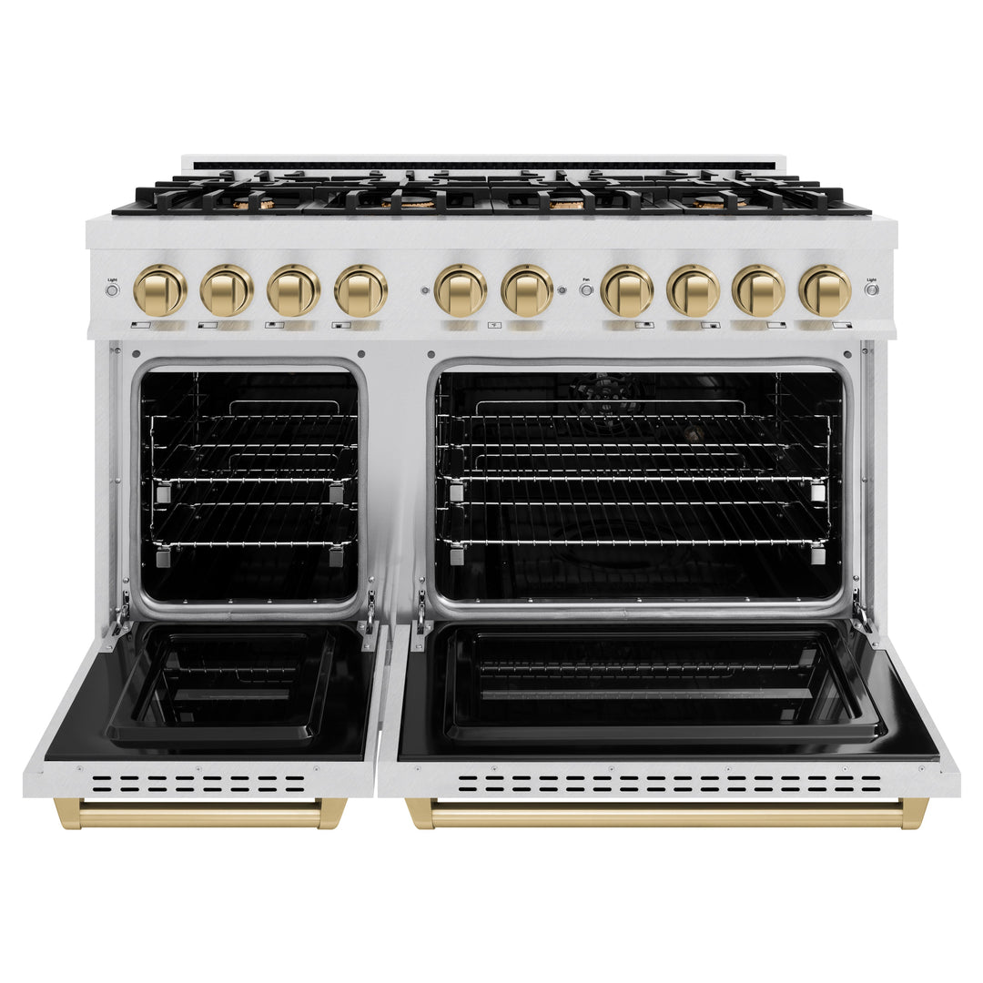 ZLINE Autograph 48" 6.7 cu. ft. Classic Double Oven Dual Fuel Range with 8 Burners in DuraSnow® Stainless Steel and Champagne Bronze Accents, CDRSZ-48-CB