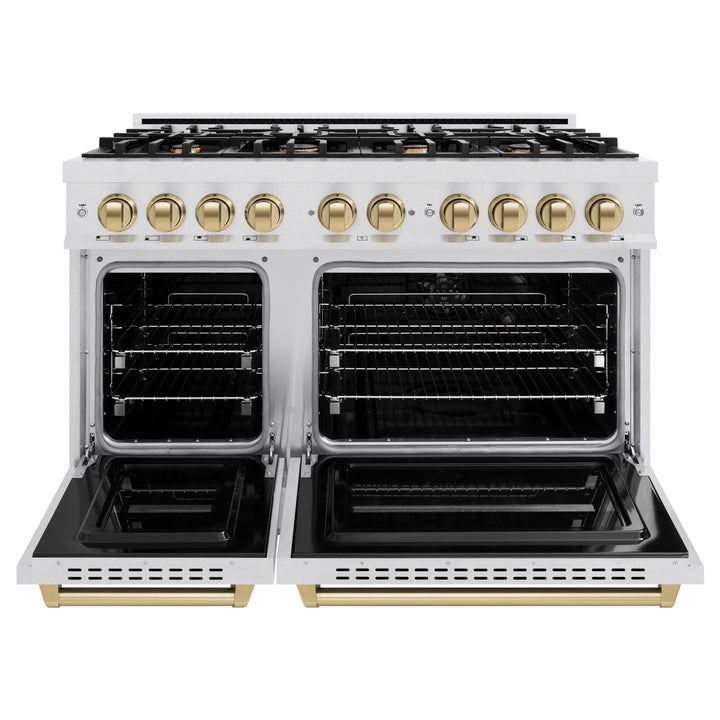 ZLINE Autograph 48" 6.7 cu. ft. Classic Double Oven Dual Fuel Range with 8 Burners in DuraSnow® Stainless Steel and Champagne Bronze Accents, CDRSZ-48-CB