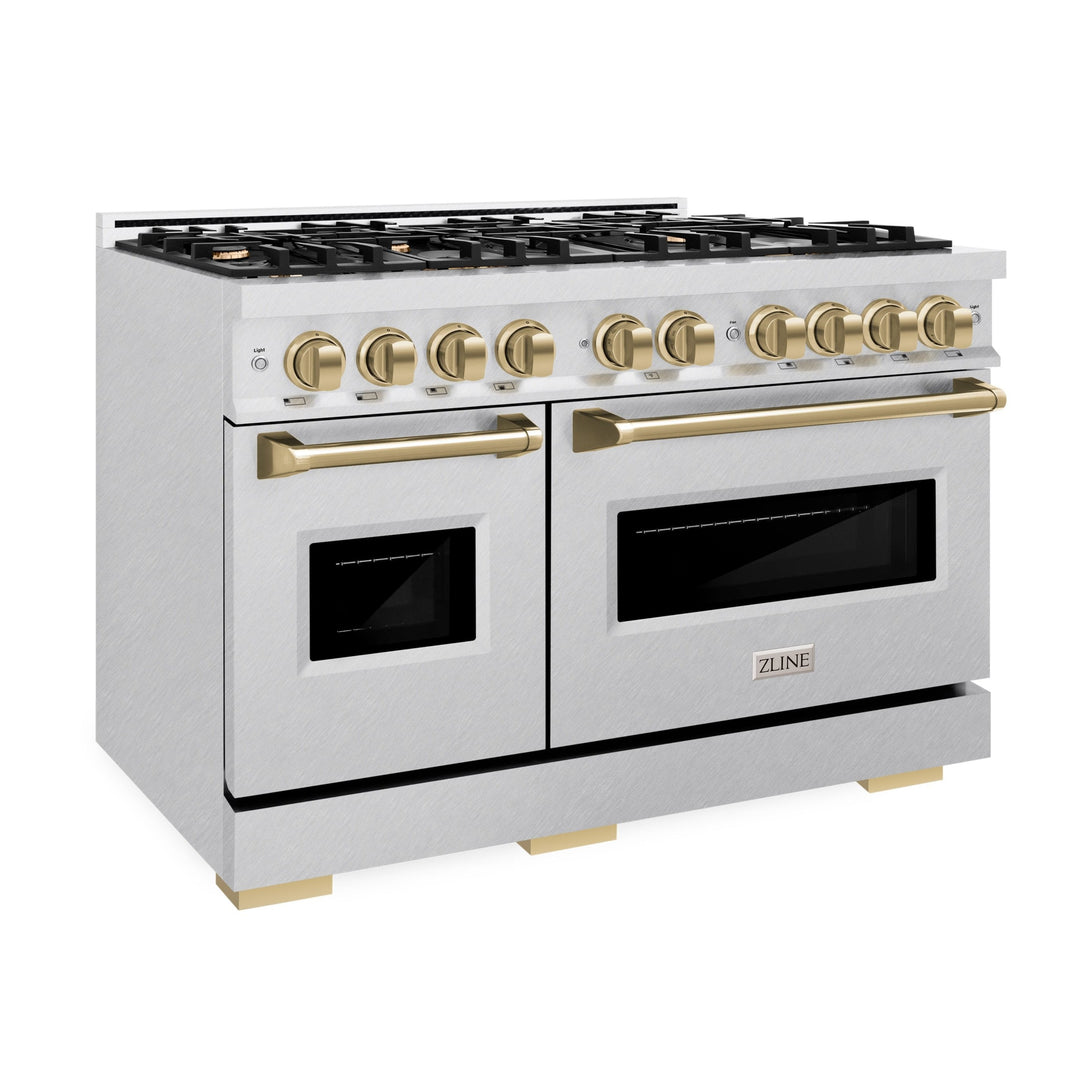 ZLINE Autograph 48" 6.7 cu. ft. Classic Double Oven Dual Fuel Range with 8 Burners in DuraSnow® Stainless Steel and Champagne Bronze Accents, CDRSZ-48-CB