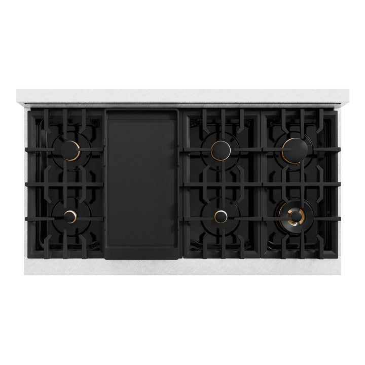 ZLINE Autograph 48" 6.7 cu. ft. Classic Double Oven Dual Fuel Range with 8 Burners in DuraSnow® Stainless Steel and Champagne Bronze Accents, CDRSZ-48-CB