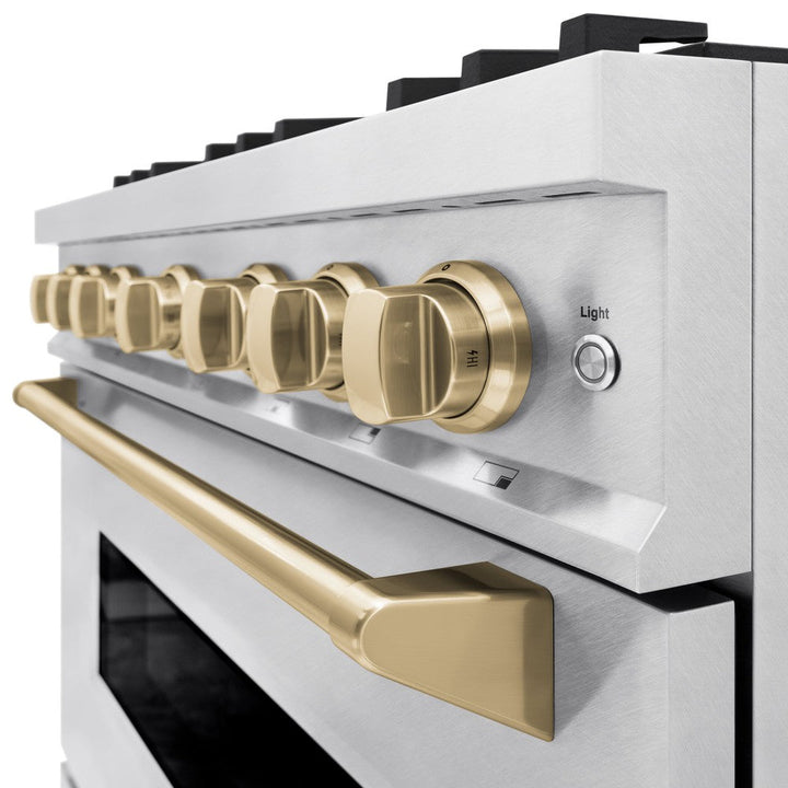 ZLINE Autograph 36" 5.2 cu. ft. Classic Dual Fuel Range with 6 Burners  in DuraSnow® Stainless Steel with Champagne Bronze Accents, CDRSZ-36-CB