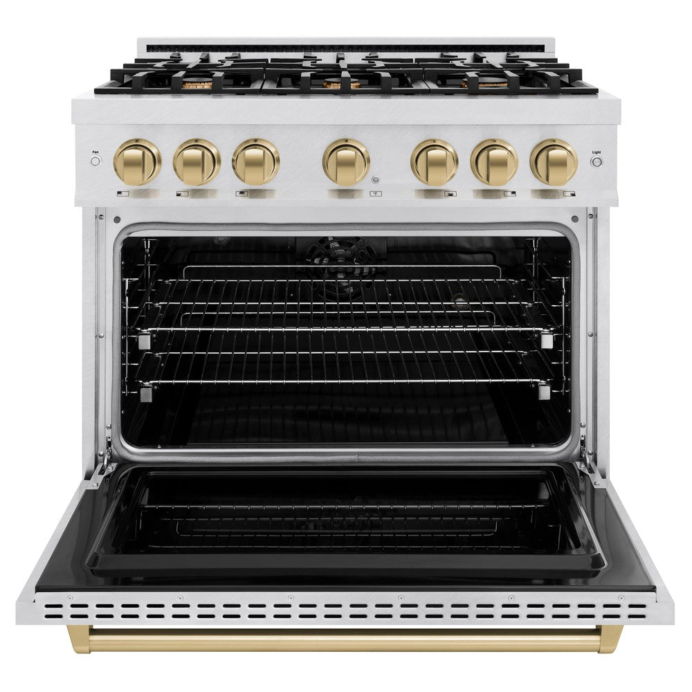 ZLINE Autograph 36" 5.2 cu. ft. Classic Dual Fuel Range with 6 Burners  in DuraSnow® Stainless Steel with Champagne Bronze Accents, CDRSZ-36-CB