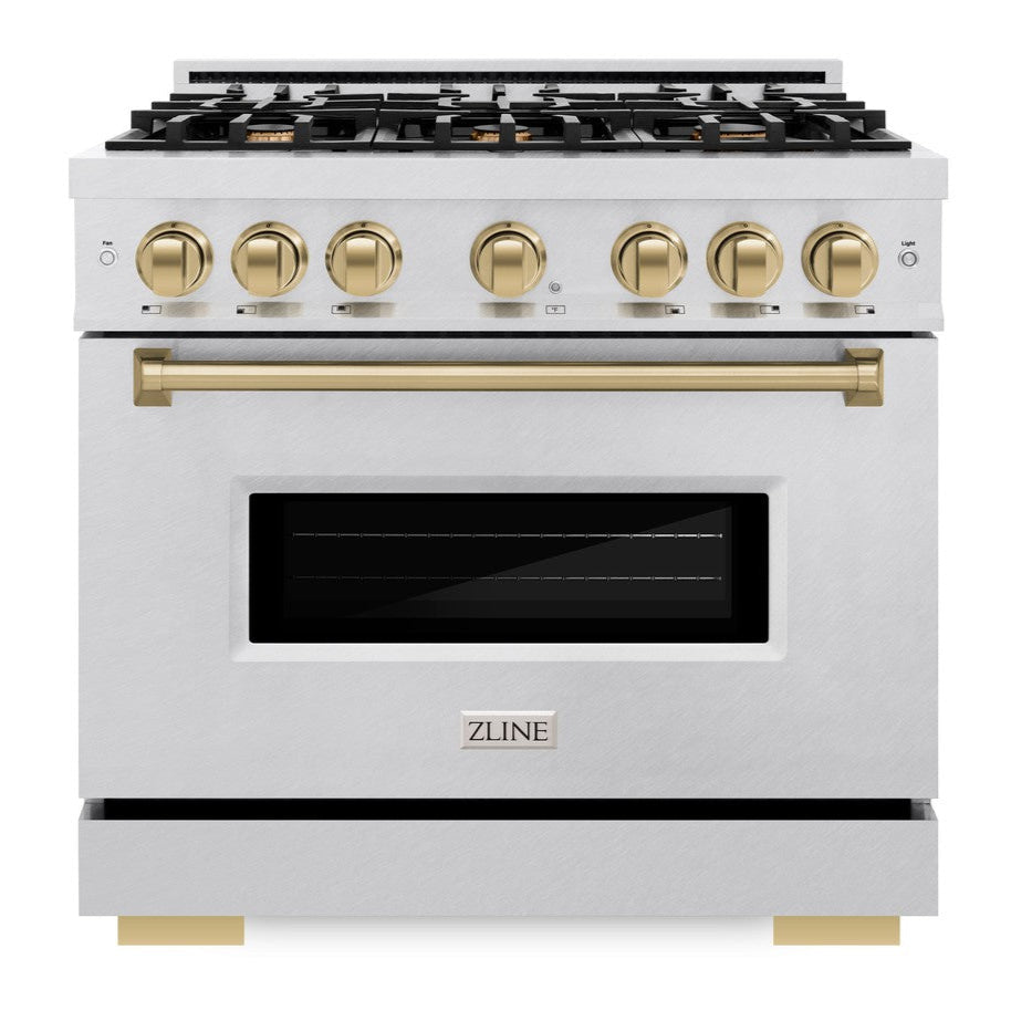 ZLINE Autograph 36" 5.2 cu. ft. Classic Dual Fuel Range with 6 Burners  in DuraSnow® Stainless Steel with Champagne Bronze Accents, CDRSZ-36-CB