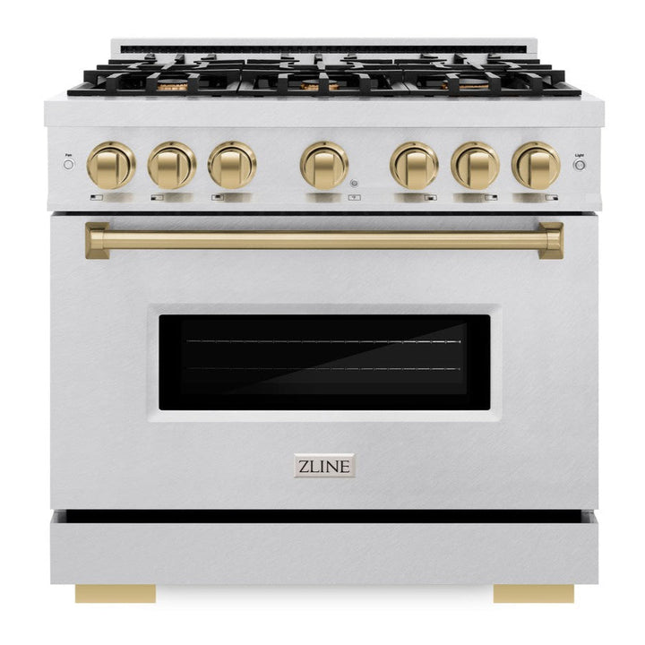 ZLINE Autograph 36" 5.2 cu. ft. Classic Dual Fuel Range with 6 Burners  in DuraSnow® Stainless Steel with Champagne Bronze Accents, CDRSZ-36-CB