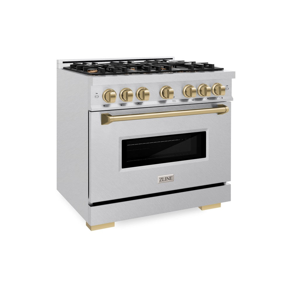 ZLINE Autograph 36" 5.2 cu. ft. Classic Dual Fuel Range with 6 Burners  in DuraSnow® Stainless Steel with Champagne Bronze Accents, CDRSZ-36-CB