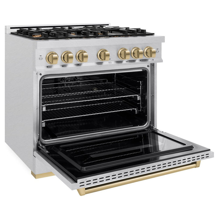 ZLINE Autograph 36" 5.2 cu. ft. Classic Dual Fuel Range with 6 Burners  in DuraSnow® Stainless Steel with Champagne Bronze Accents, CDRSZ-36-CB