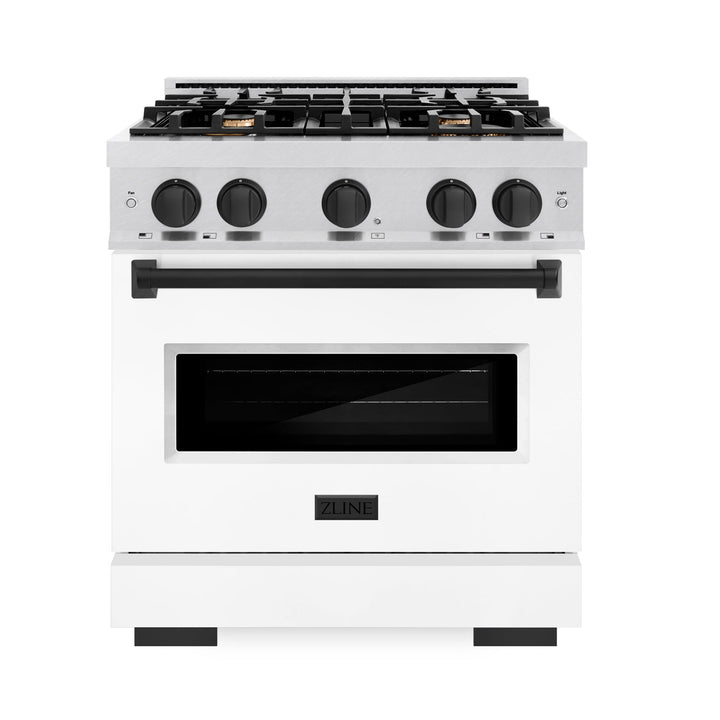 ZLINE Autograph 30" 4.2 cu. ft. Classic Dual Fuel Range with 4 Burners in DuraSnow® Stainless Steel with White Matte Door and Matte Black Accents, CDRSZ-WM-30-MB