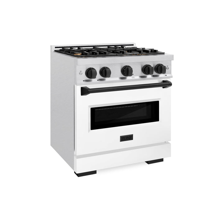 ZLINE Autograph 30" 4.2 cu. ft. Classic Dual Fuel Range with 4 Burners in DuraSnow® Stainless Steel with White Matte Door and Matte Black Accents, CDRSZ-WM-30-MB