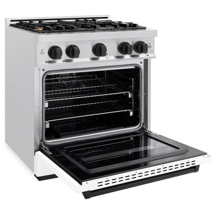 ZLINE Autograph 30" 4.2 cu. ft. Classic Dual Fuel Range with 4 Burners in DuraSnow® Stainless Steel with White Matte Door and Matte Black Accents, CDRSZ-WM-30-MB