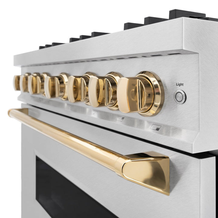 ZLINE Autograph 36" 5.2 cu. ft. Classic Dual Fuel Range with 6 Burners in DuraSnow® Stainless Steel with Polished Gold Accents, CDRSZ-36-G