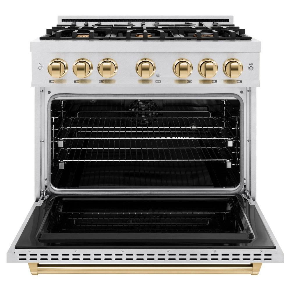 ZLINE Autograph 36" 5.2 cu. ft. Classic Dual Fuel Range with 6 Burners in DuraSnow® Stainless Steel with Polished Gold Accents, CDRSZ-36-G