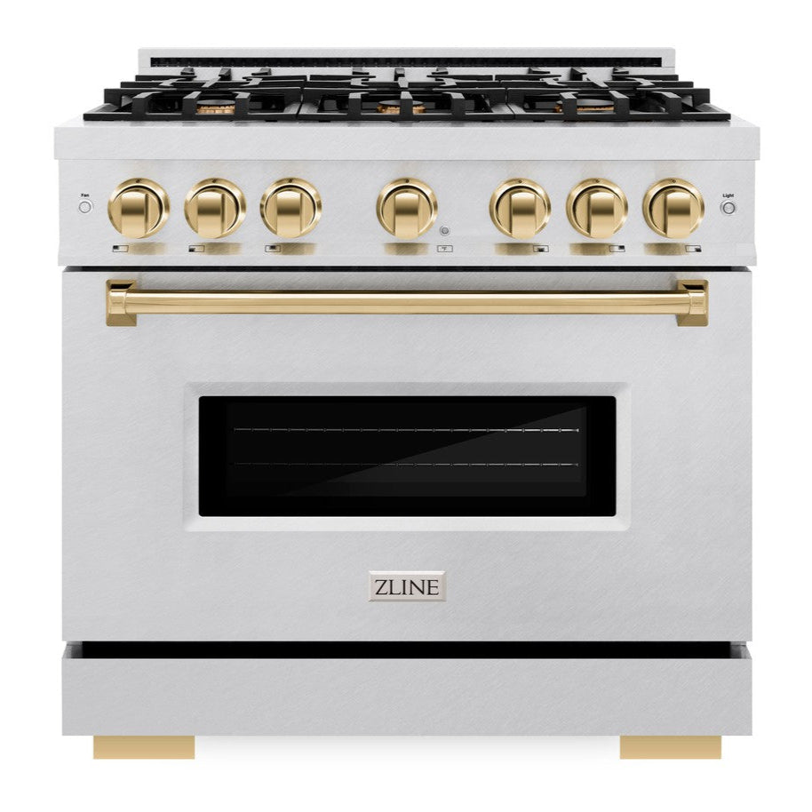 ZLINE Autograph 36" 5.2 cu. ft. Classic Dual Fuel Range with 6 Burners in DuraSnow® Stainless Steel with Polished Gold Accents, CDRSZ-36-G