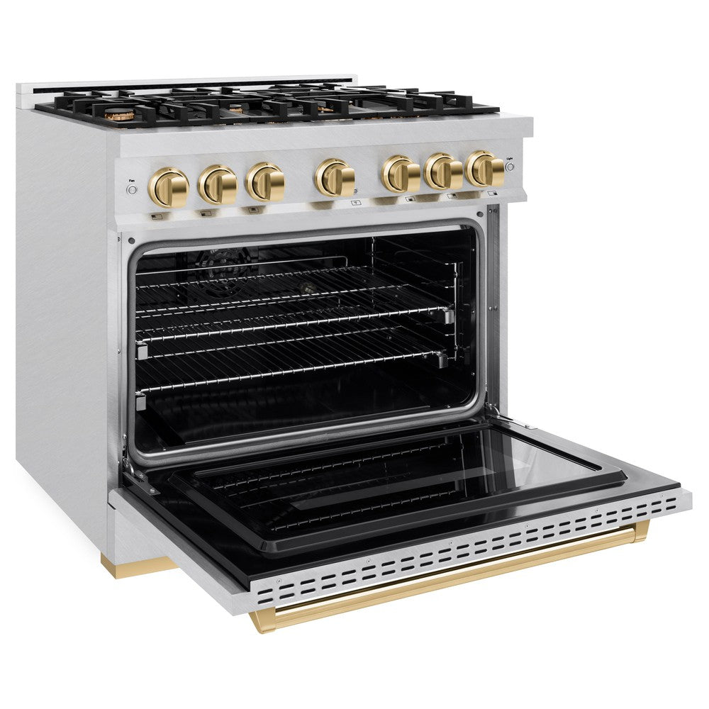 ZLINE Autograph 36" 5.2 cu. ft. Classic Dual Fuel Range with 6 Burners in DuraSnow® Stainless Steel with Polished Gold Accents, CDRSZ-36-G