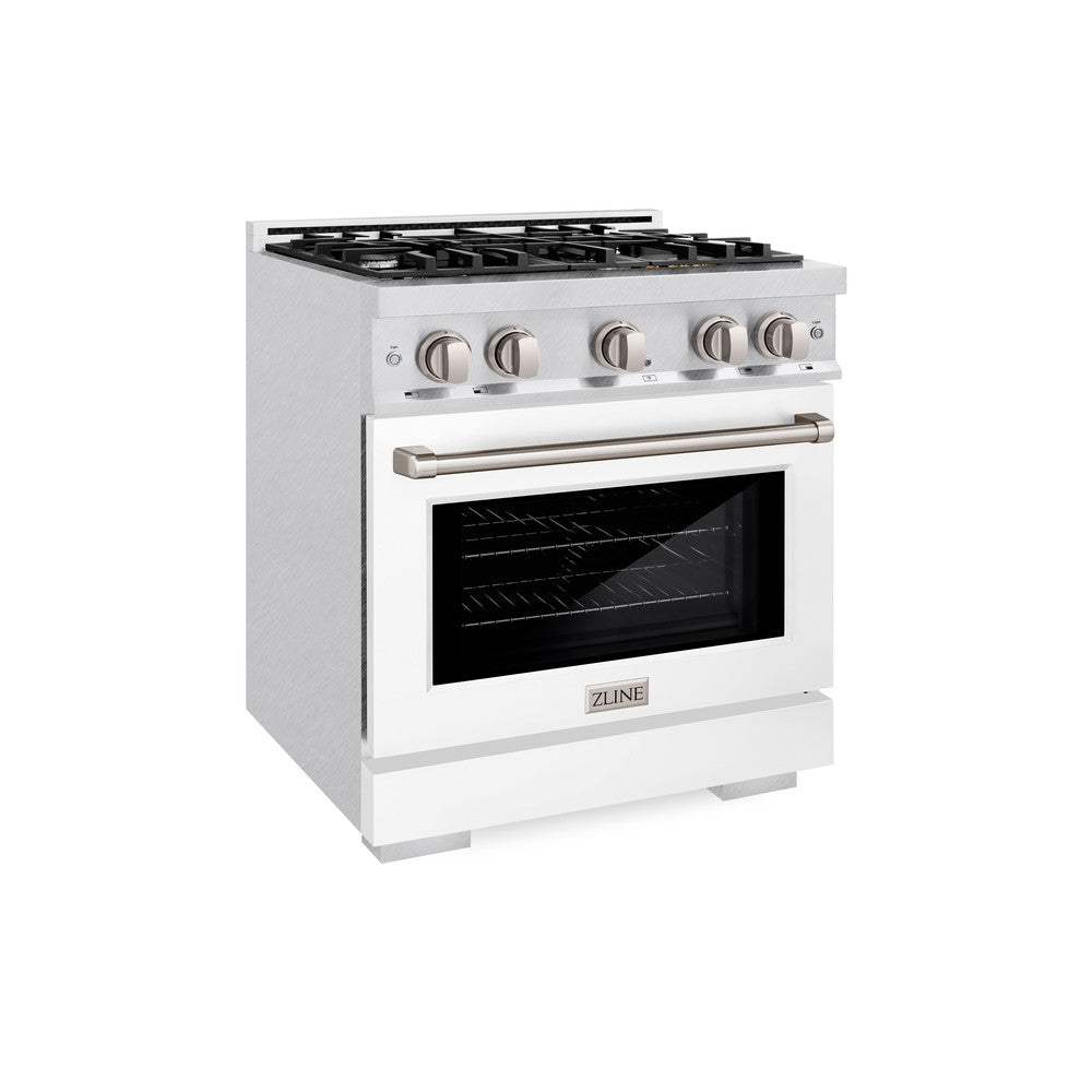 ZLINE 30" 4.2 cu. ft. Select Dual Fuel Range with 4 Burners in DuraSnow® Stainless Steel with White Matte Door, HDRS-WM-30