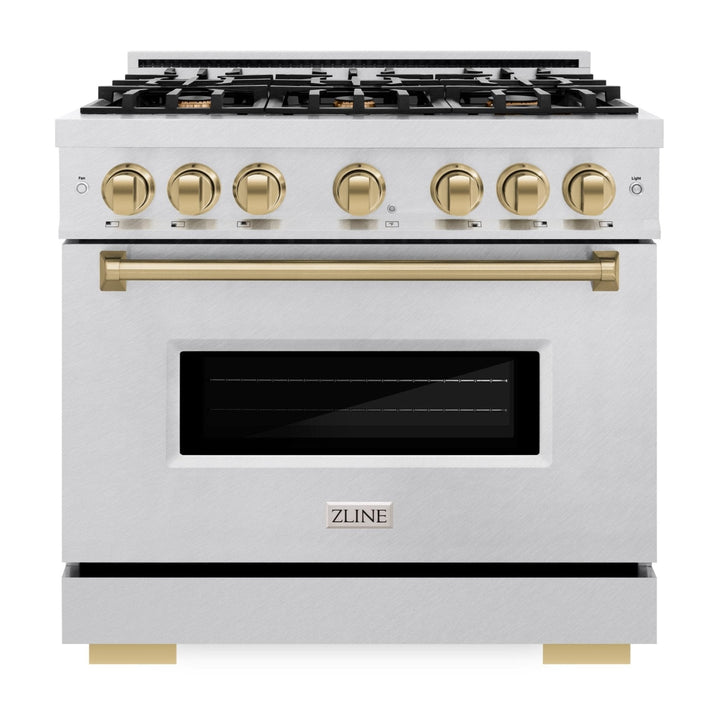 ZLINE Autograph 36" 5.2 cu. ft. Classic Gas Range with 6 Burners in DuraSnow® Stainless Steel and Champagne Bronze Accents, CGRSZ-36-CB